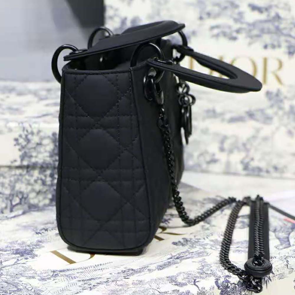 Side angle highlighting silhouette of Dior Mini Lady Dior Bag Black Ultramatte