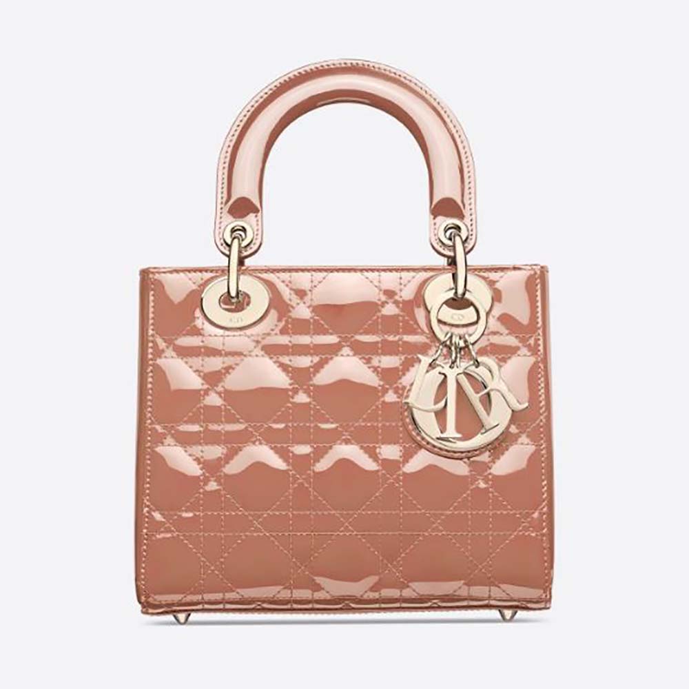 Front view of Dior Small Lady Dior Bag Patent Calfskin in pink