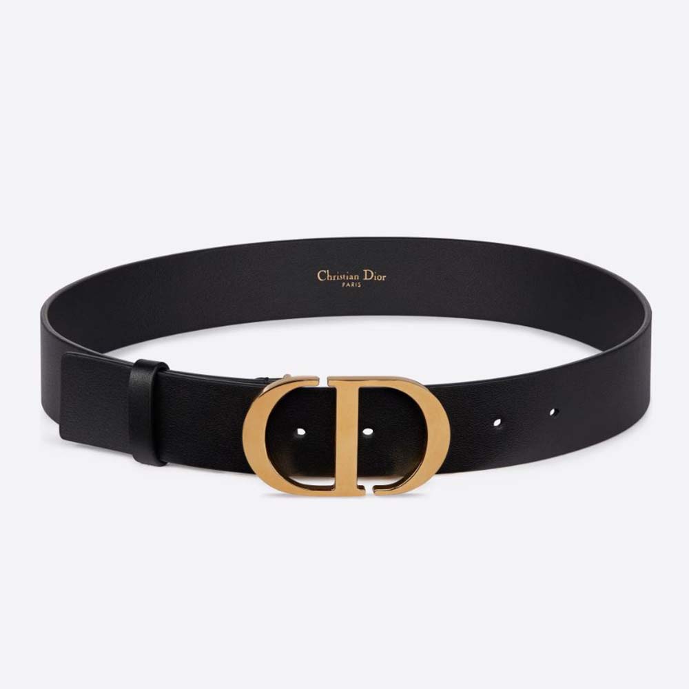 Front view of Dior Women 30 Montaigne Belt-Black showing logo buckle