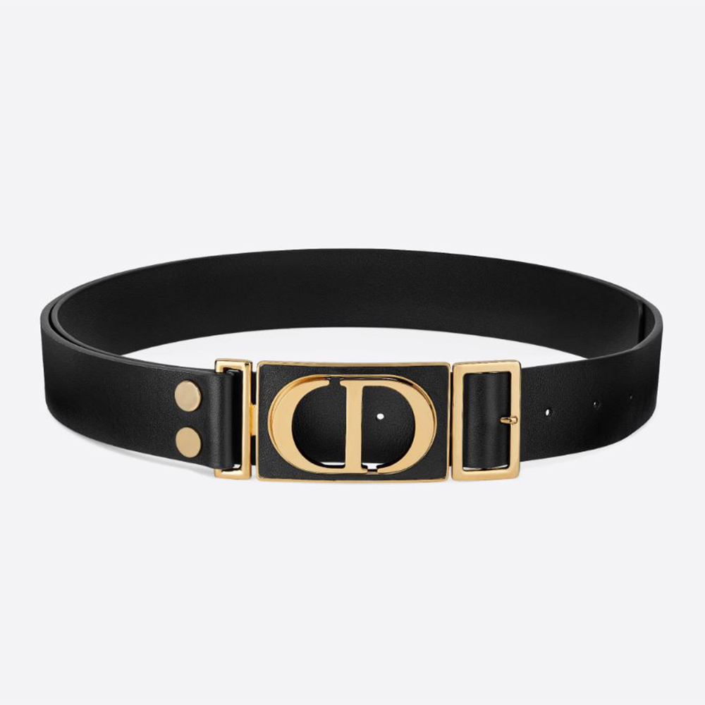 Front view showing Dior Women 30 Montaigne Belt black calfskin and buckle