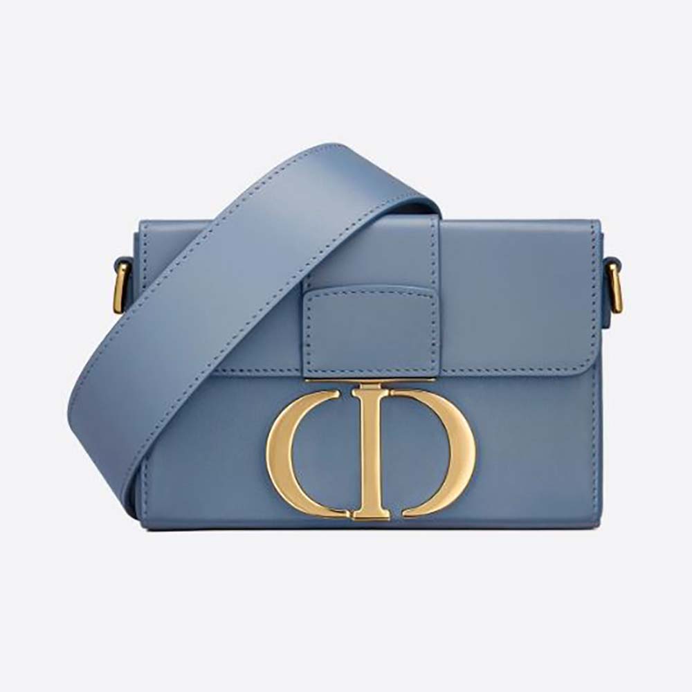 Front angle of Dior Women 30 Montaigne Box Bag Denim Blue showing flap