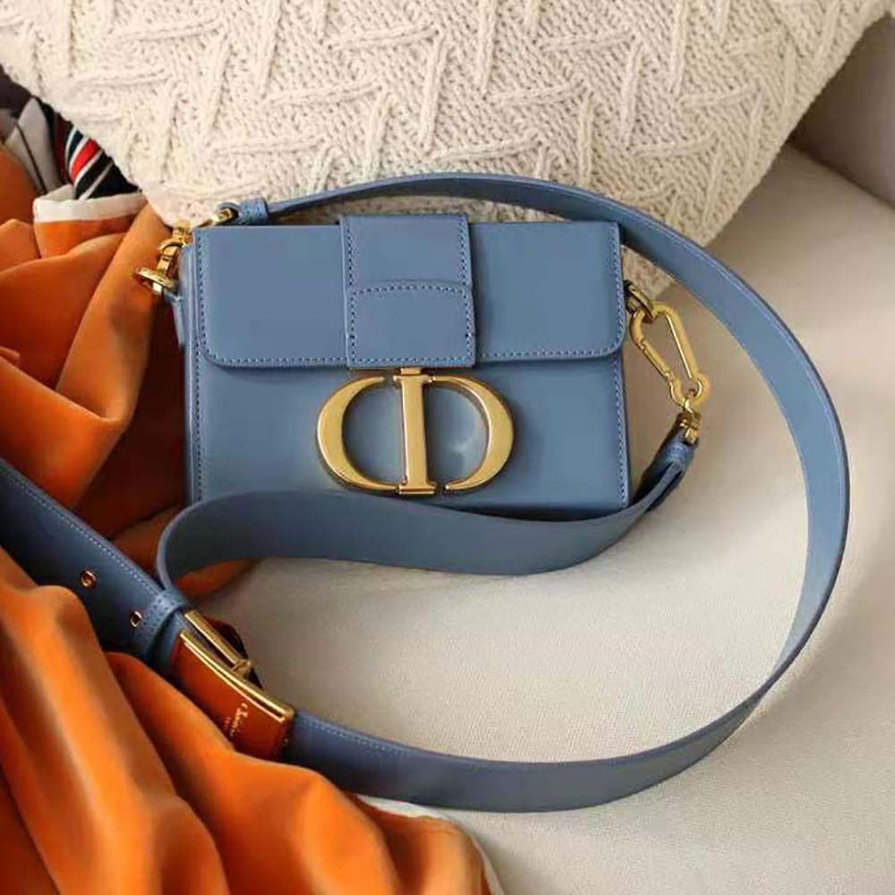 Close-up of silver Dior hardware on 30 Montaigne Box Bag Denim Blue