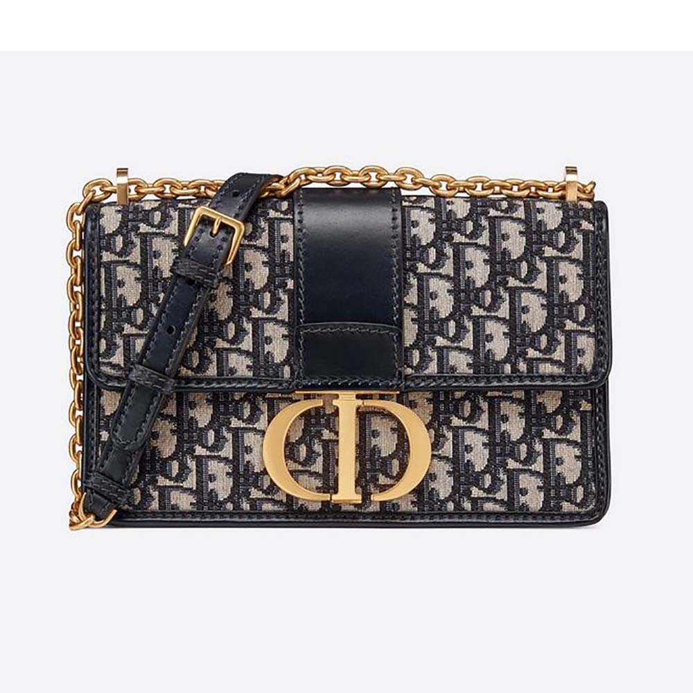 Front view of Dior Women 30 Montaigne Chain Bag in blue jacquard