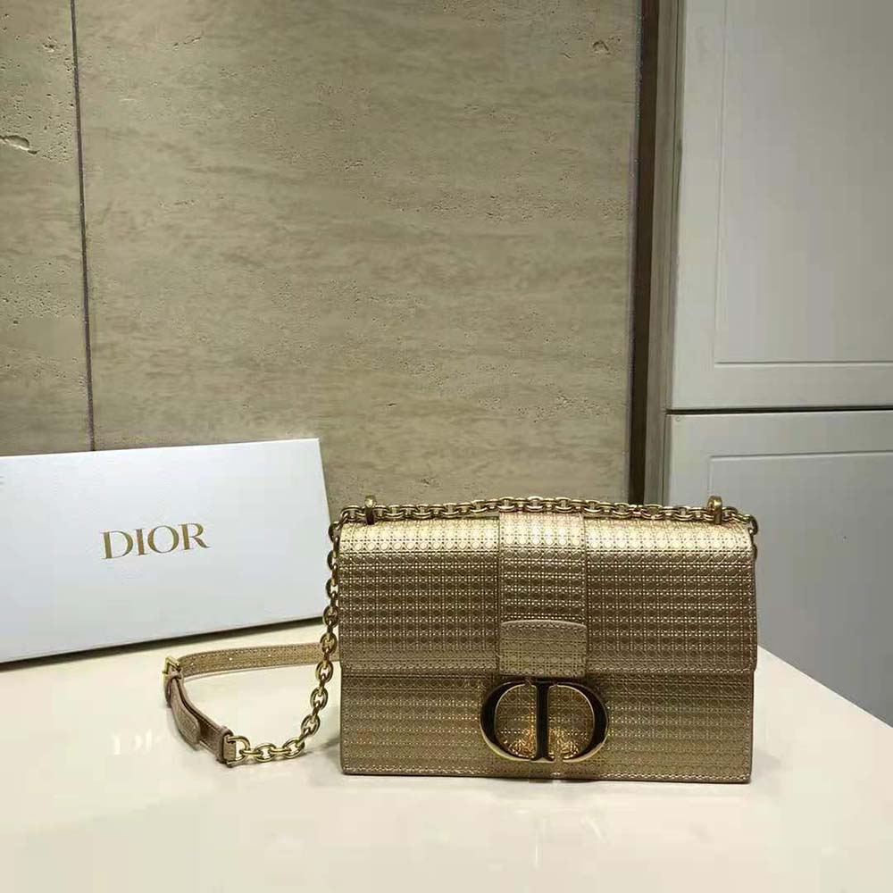 Close-up of metallic gold Microcannage quilting on Dior Women 30 Montaigne Chain Bag