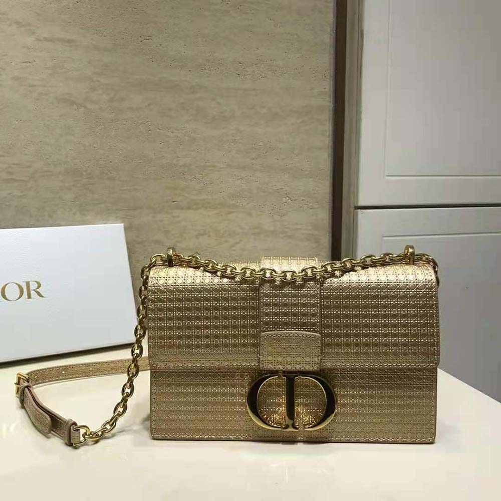 Side angle showing chain strap and closure on Dior Women 30 Montaigne Chain Bag