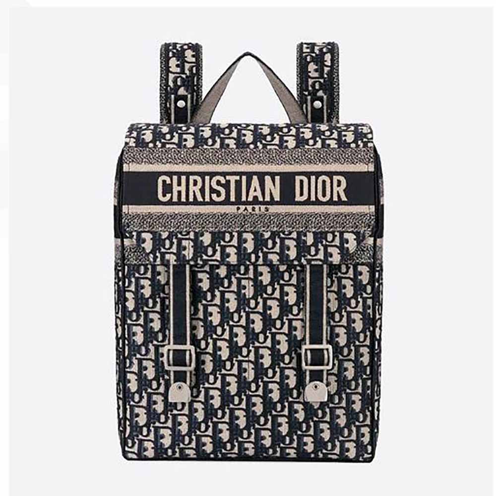 Front view of Dior Women Backpack Blue Dior Oblique Embroidery showing embroidery detail