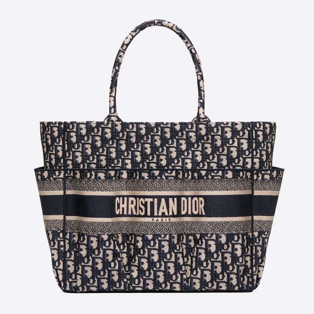 Front view of Dior Women Catherine Tote Bag Blue Dior Oblique Embroidery