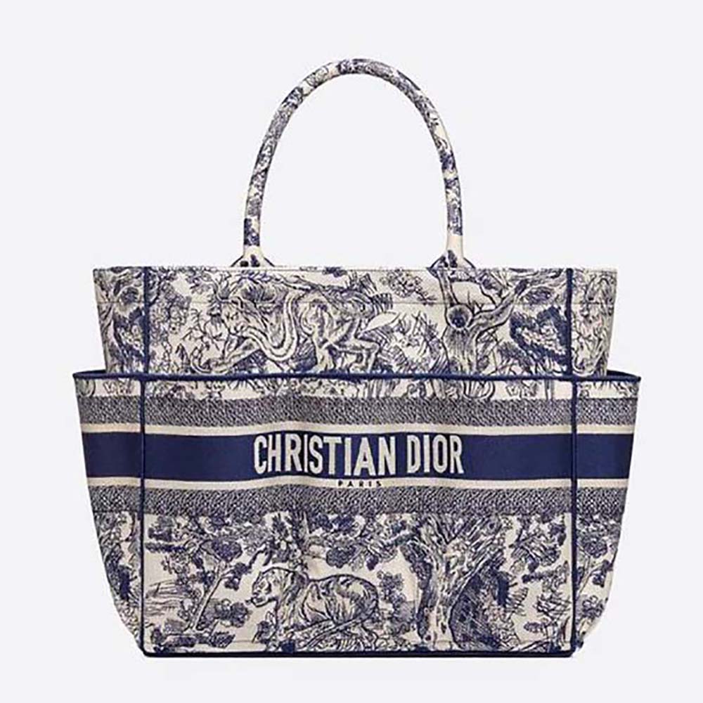 Front view of Dior Women Catherine Tote Blue Toile de Jouy Embroidery