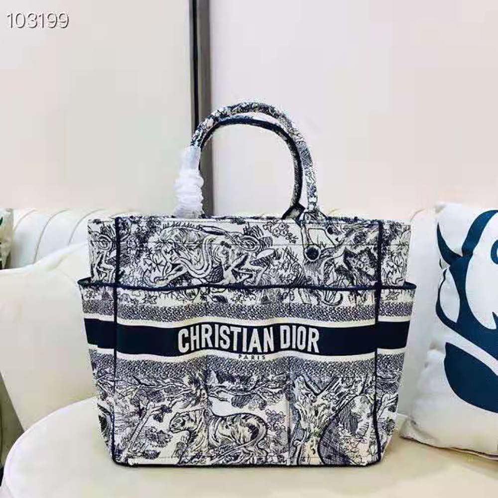 Close-up of blue Toile de Jouy embroidery on Dior Women Catherine Tote