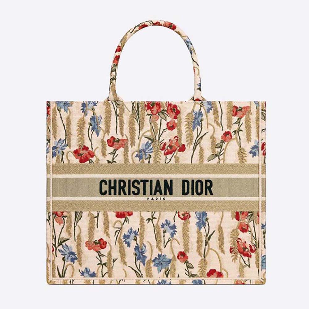 Front view of Dior Women Dior Book Tote Beige Dior Hibiscus Embroidery