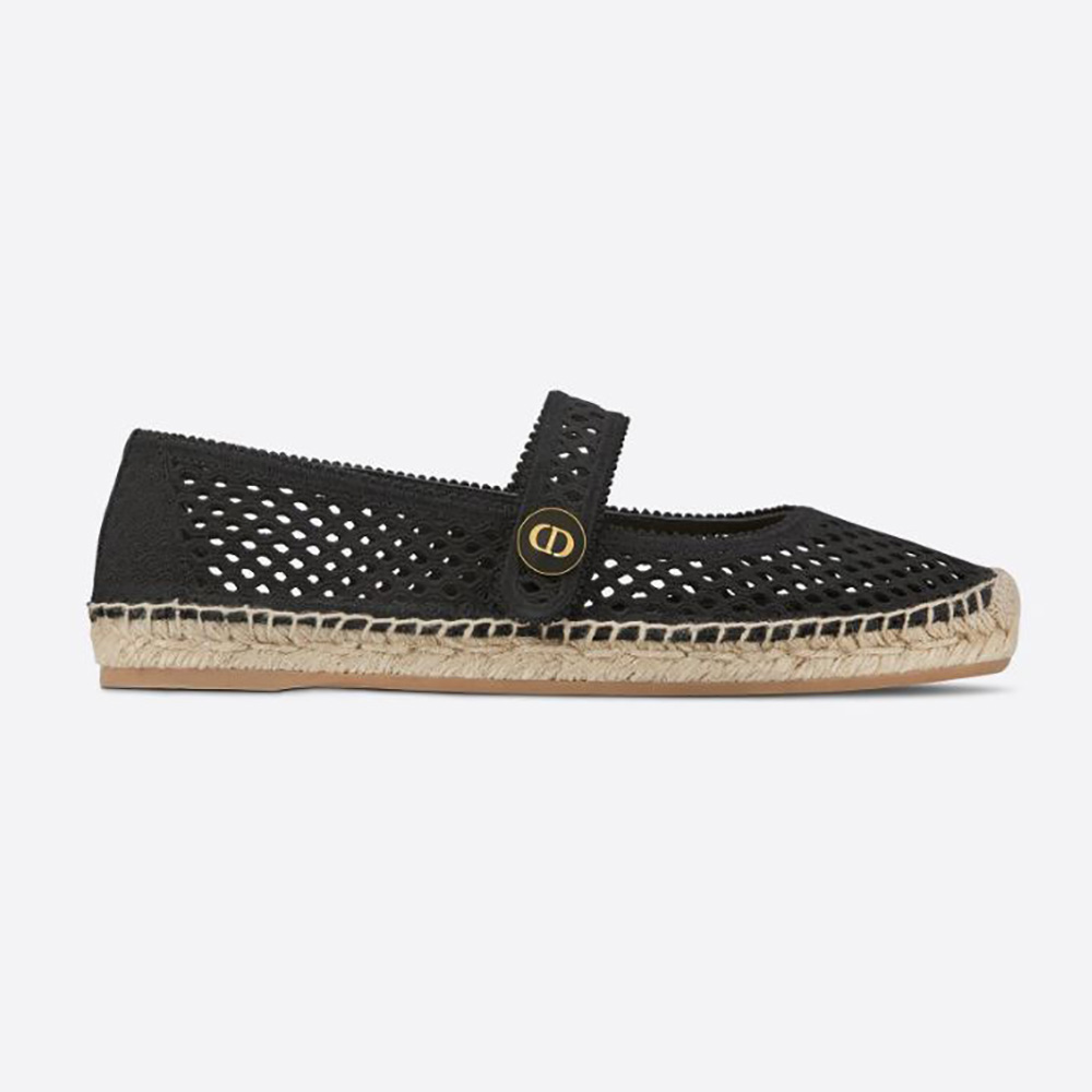 Side profile of Dior Women Dior Caro Espadrille Ballerina Flat Black Mesh Embroidery