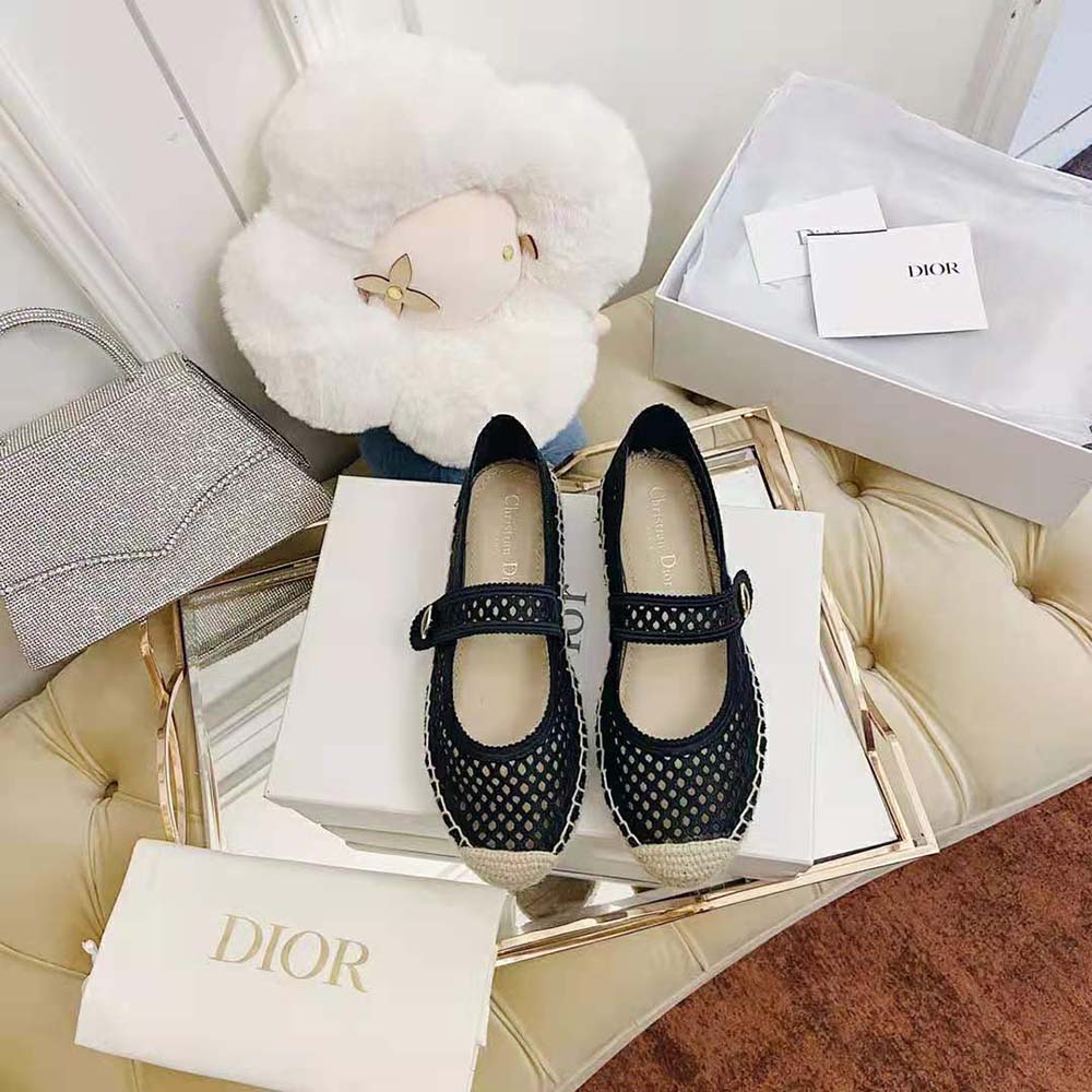 Close-up on black mesh and embroidery detail of Dior Women Dior Caro Espadrille Ballerina Flat