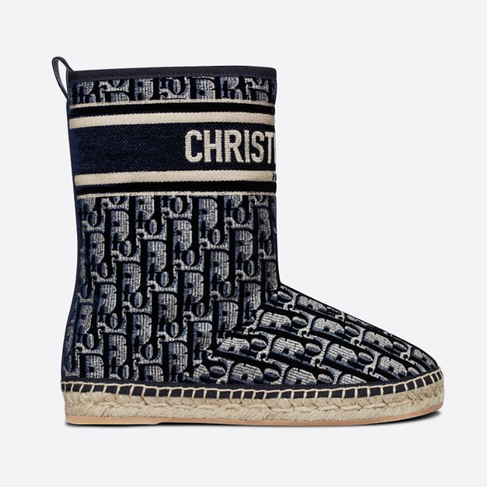 Side angle of Dior Women Dior Chez Moi Dior Granville Ankle Boot Blue Dior Oblique Embroidered Velvet