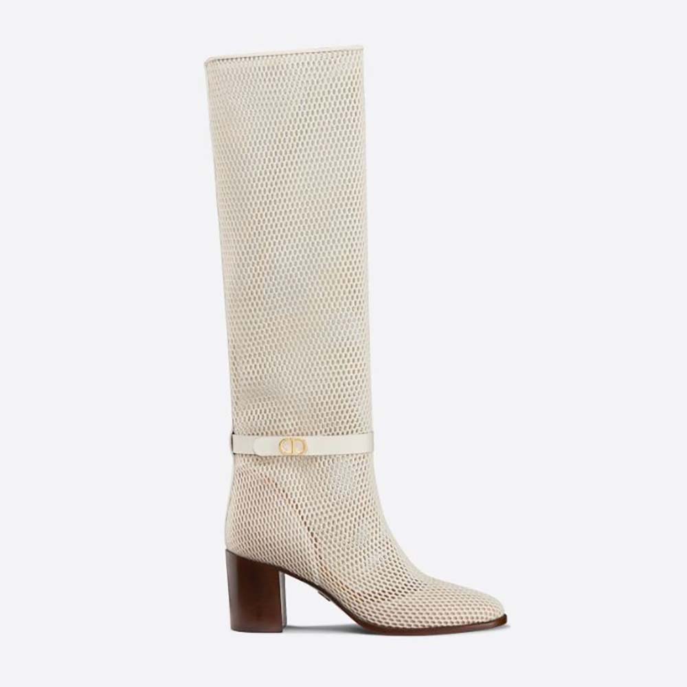Side profile of Dior Women Dior Empreinte Heeled Boot Off-White Mesh Calfskin