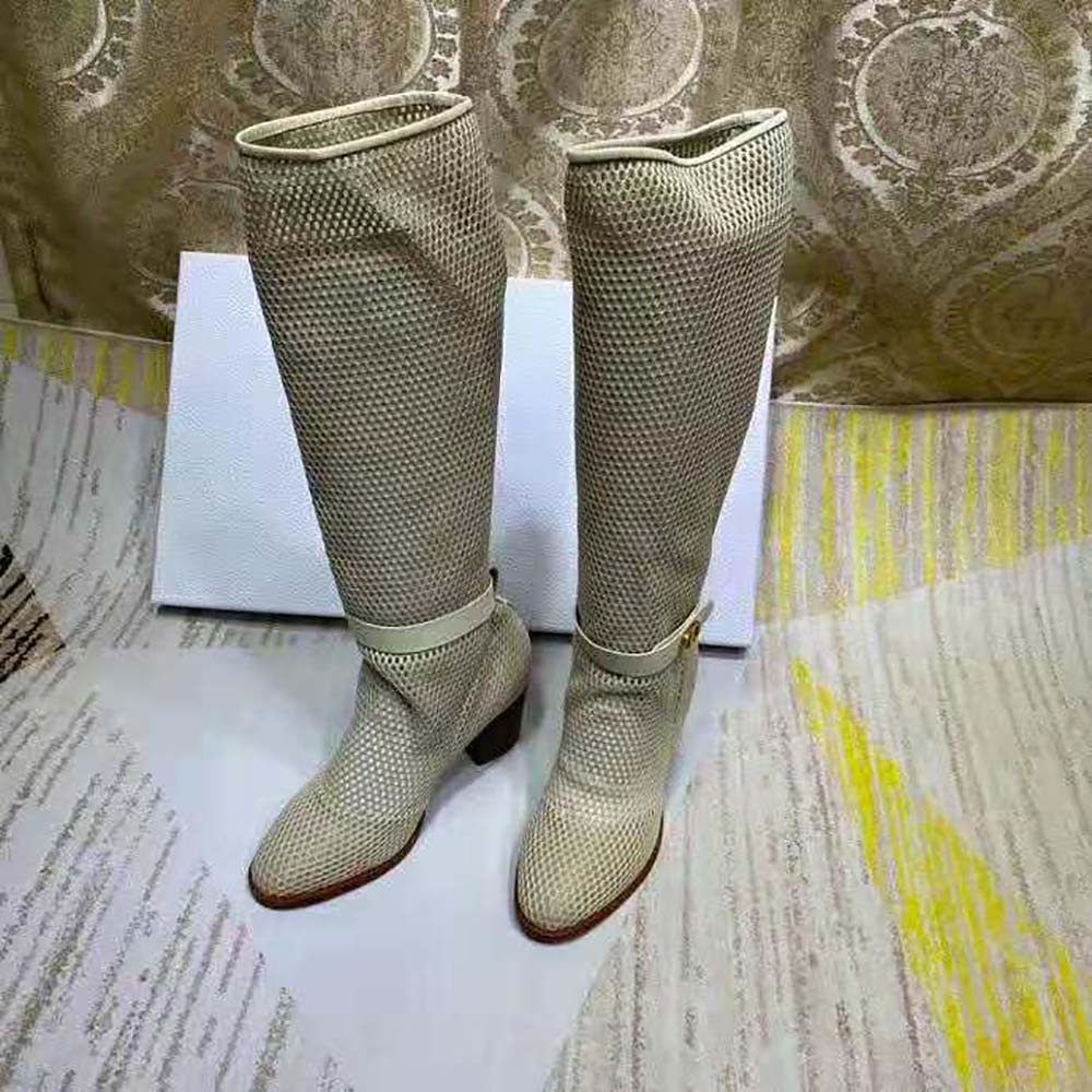 Close-up of mesh texture and calfskin detail on Dior Empreinte Heeled Boot