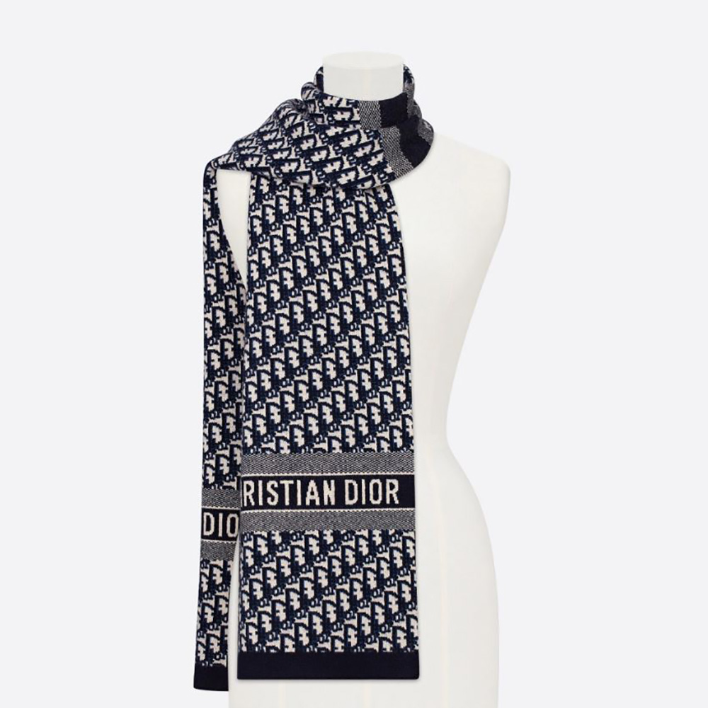 Front view of Dior Women Dior Oblique Scarf Blue Wool and Cashmere Knit