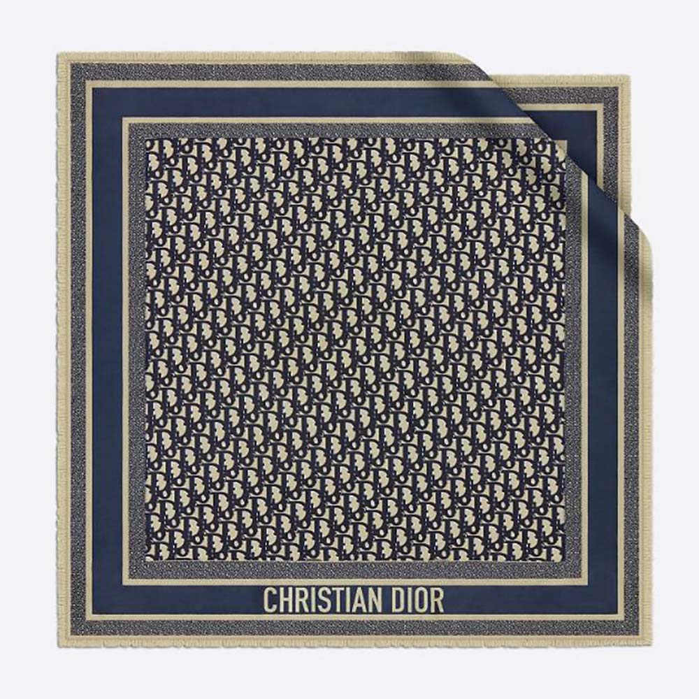 Front view of Dior Women Dior Oblique Square Scarf Navy Blue Silk Twill