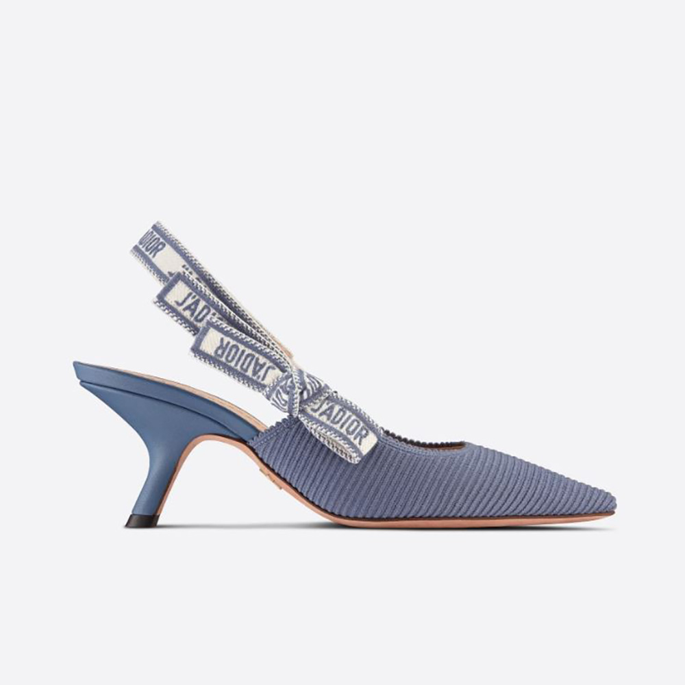 Side view of Dior Women J’Adior Slingback Pump Denim Blue Embroidered Cotton