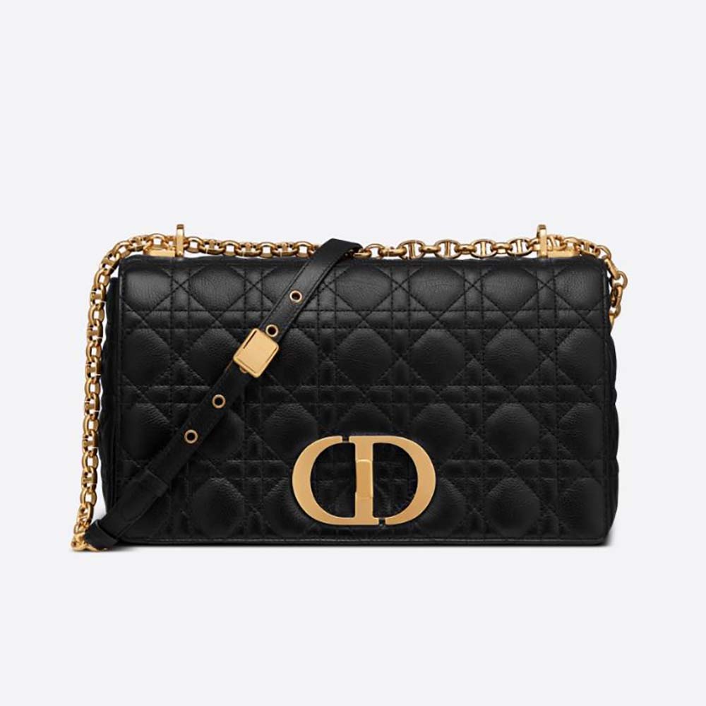 Front view of Dior Women Large Dior Caro Bag Black Soft Cannage Calfskin