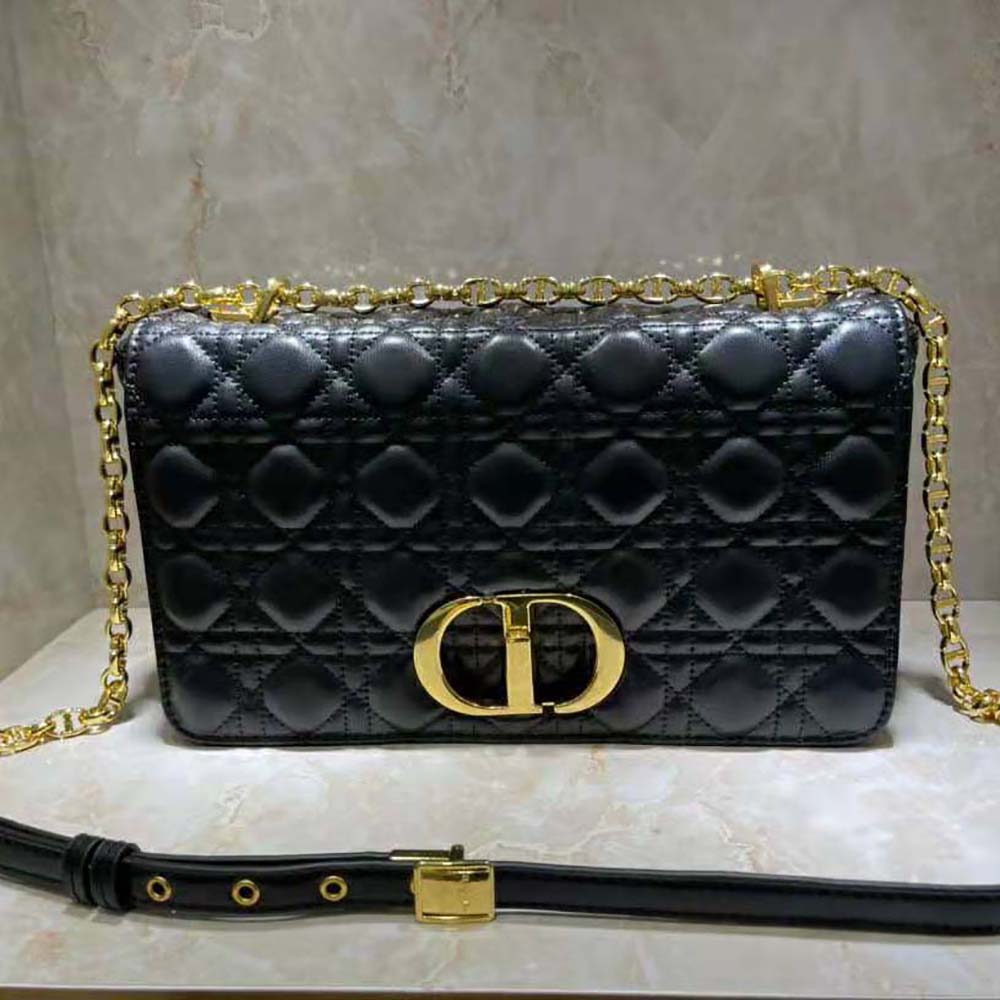 Close-up of cannage quilting and silver hardware on Dior Caro Bag