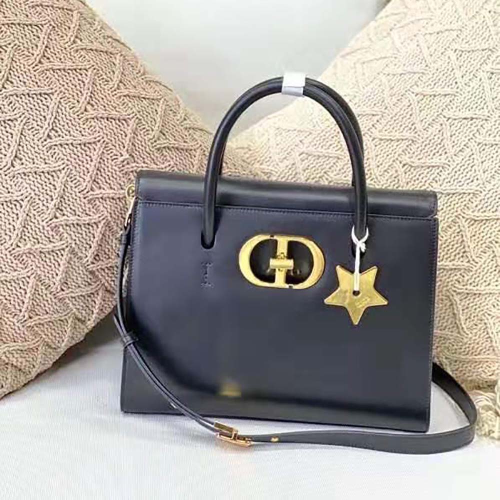 Close-up of silver Dior hardware on Large ST Honore Tote black leather
