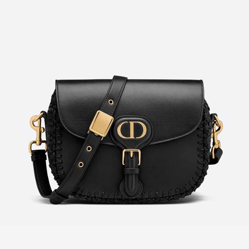 Front angle view of Dior Women Medium Dior Bobby Bag Grained Calfskin with Whipstitched Seams-Black