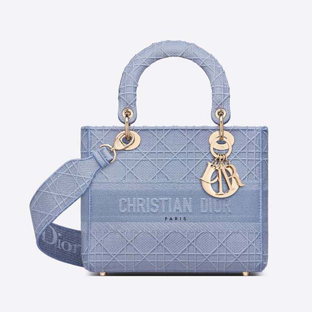 Front view of Dior Women Medium Lady D-Lite Bag Denim Blue Cannage Embroidery