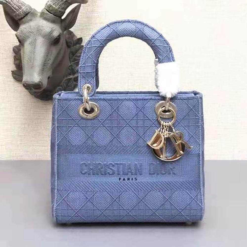 Close-up on blue Cannage embroidery and silver hardware details