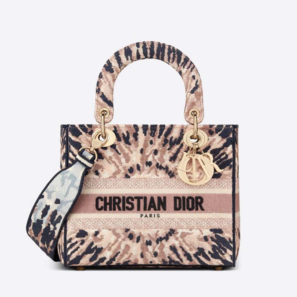 Front view of Dior Women Medium Lady D-Lite Bag in pink with embroidery