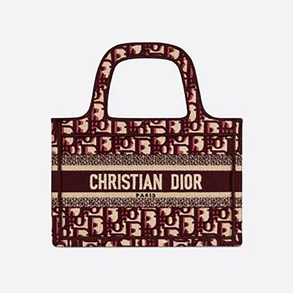 Front view of Dior Women Mini Dior Book Tote Burgundy Dior Oblique Embroidery