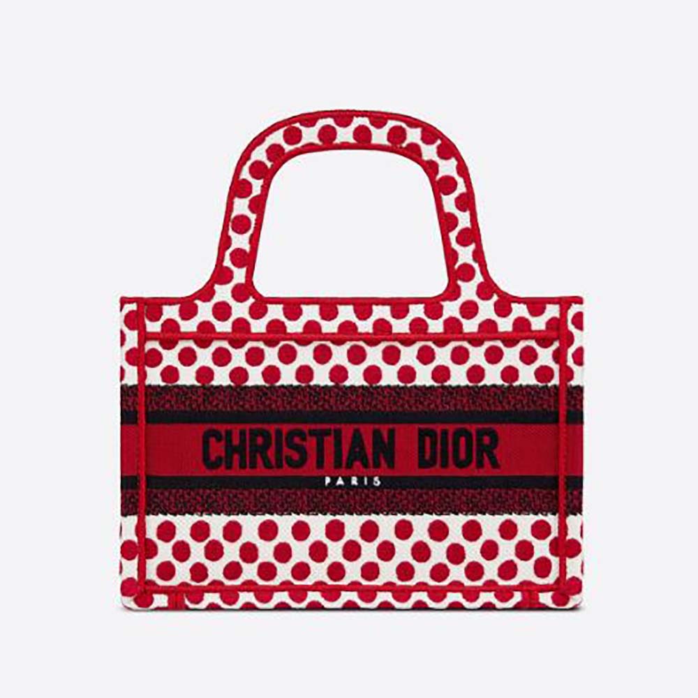 Front view of Dior Women Mini Dioramour Dior Book Tote White and Red Dior Dots Embroidery