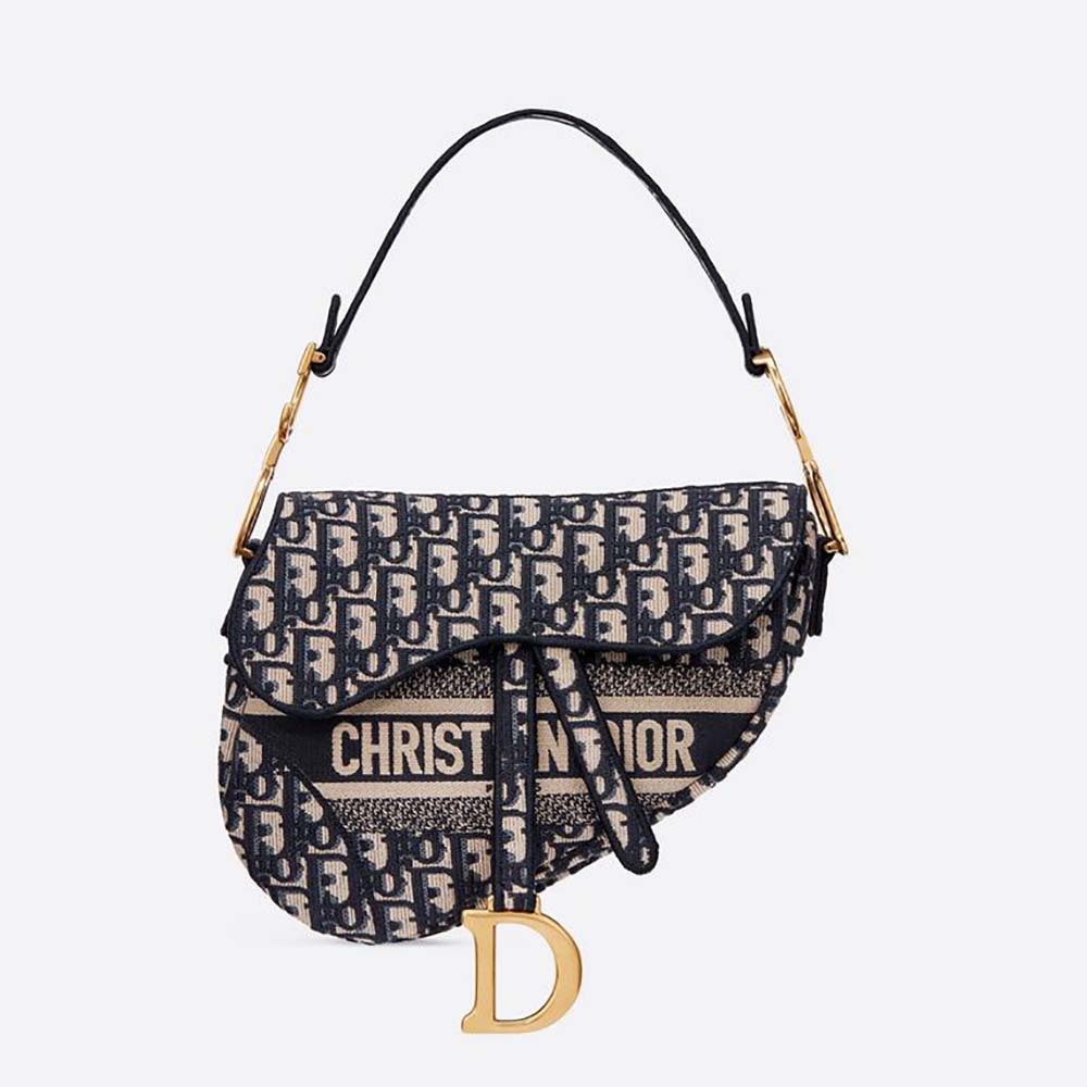 Front view of Dior Women Saddle Bag Blue Dior Oblique Embroidery