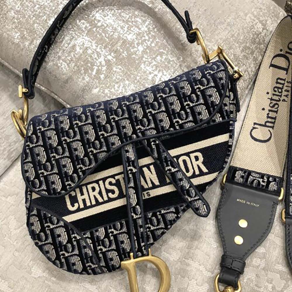 Close-up of blue Dior Oblique embroidery on saddle bag flap