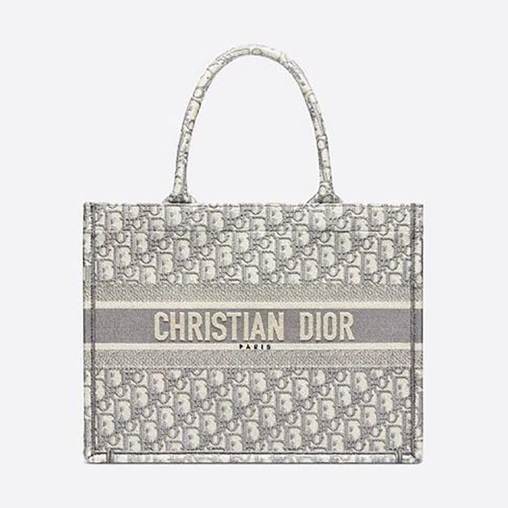 Front view of Dior Women Small Dior Bbook Tote-Silver with zipper closed