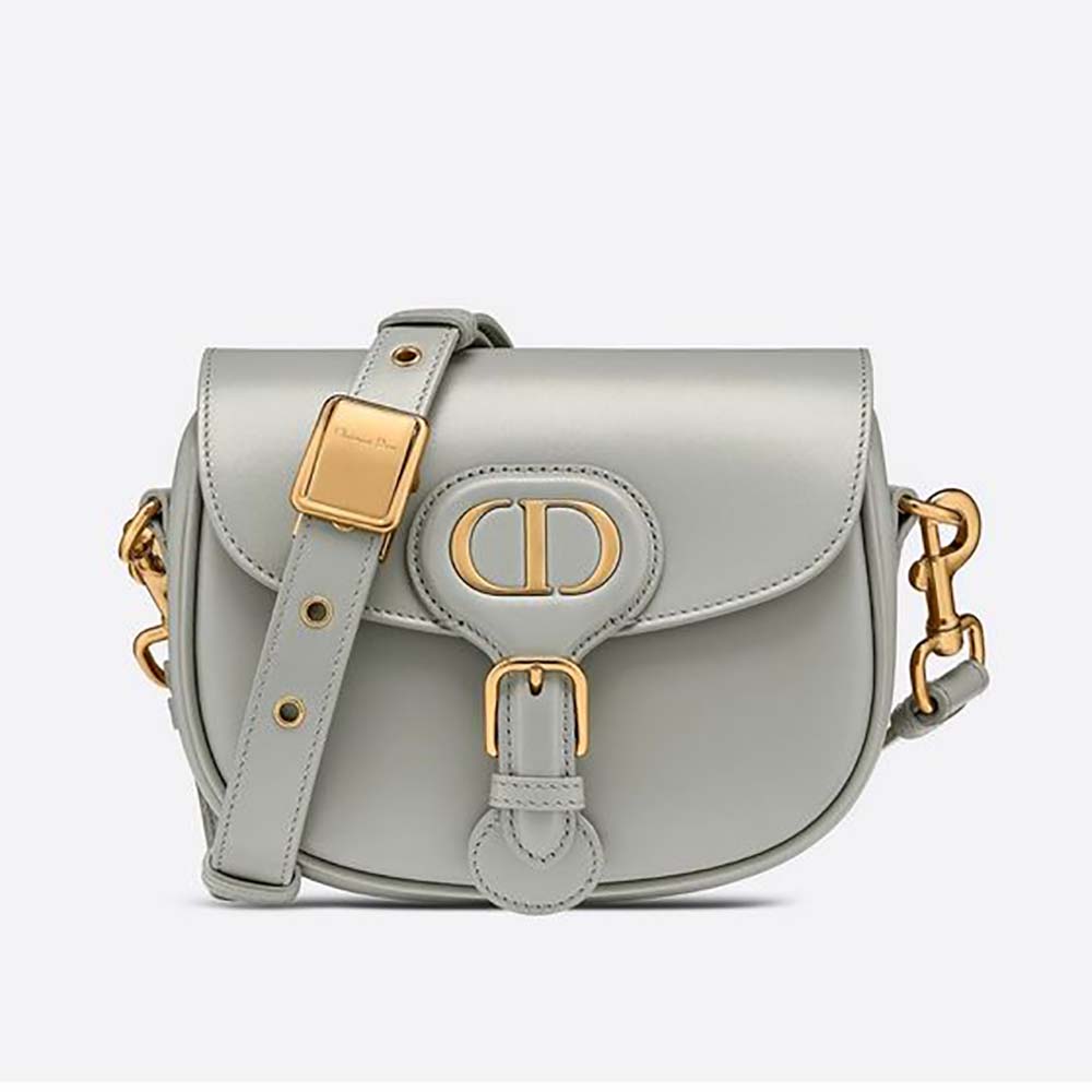 Front view of Dior Women Small Dior Bobby Bag Gray Box Calfskin showing clasp