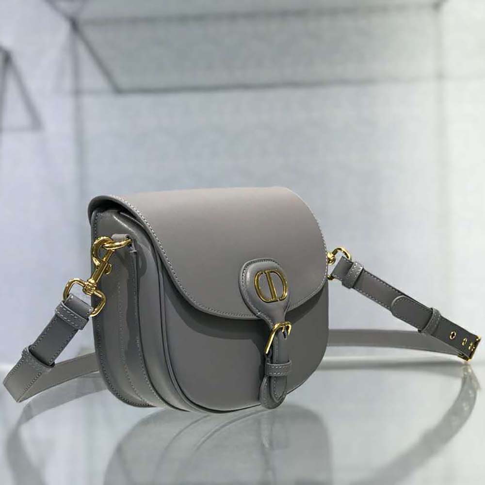 Side angle highlighting texture of Dior Women Small Dior Bobby Bag Gray Box Calfskin