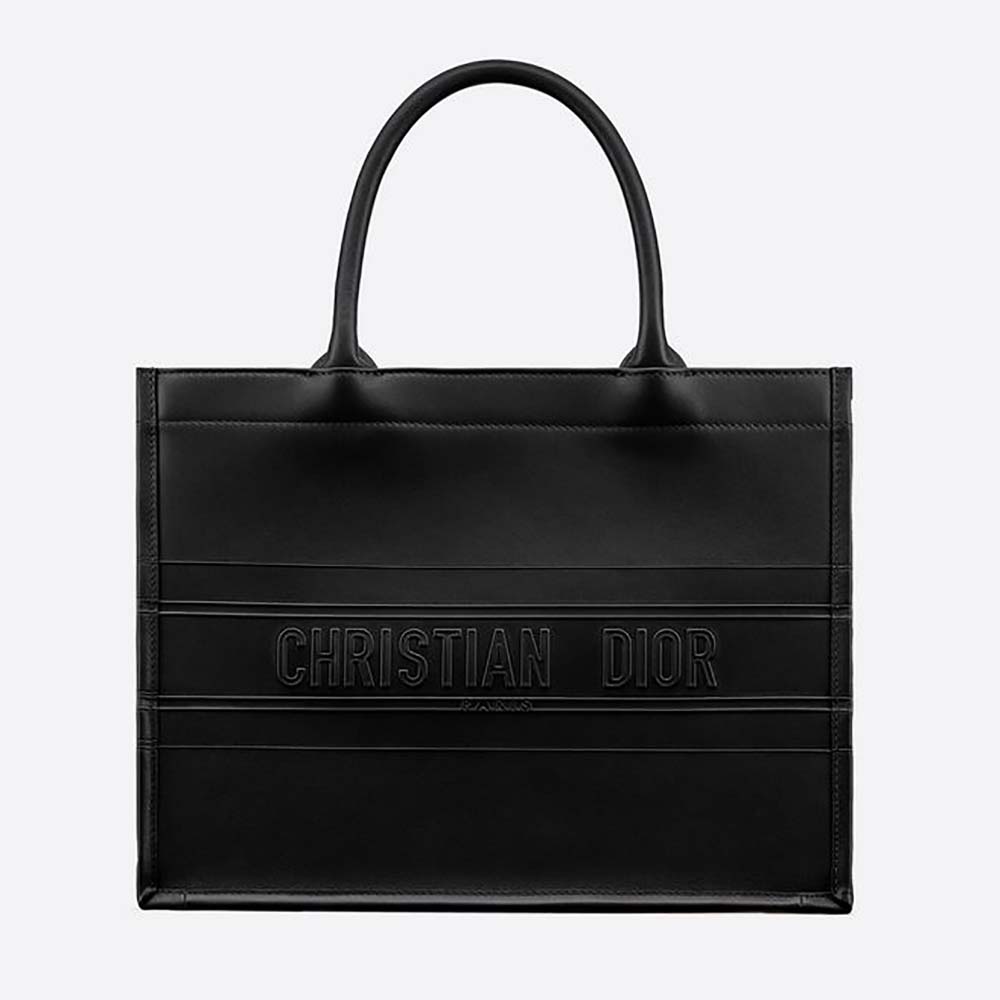 Front view of Dior Women Small Dior Book Tote Black Calfskin
