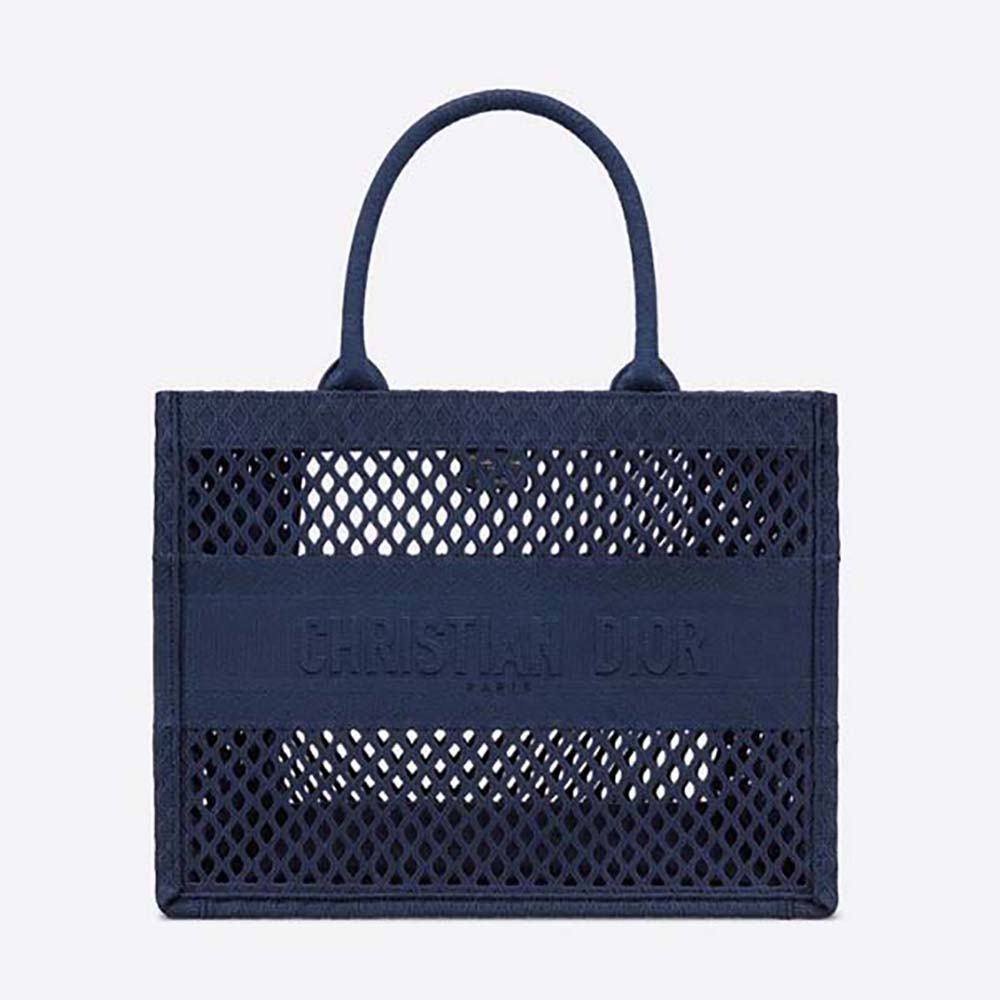 Front view of Dior Women Small Dior Book Tote Blue Mesh Embroidery