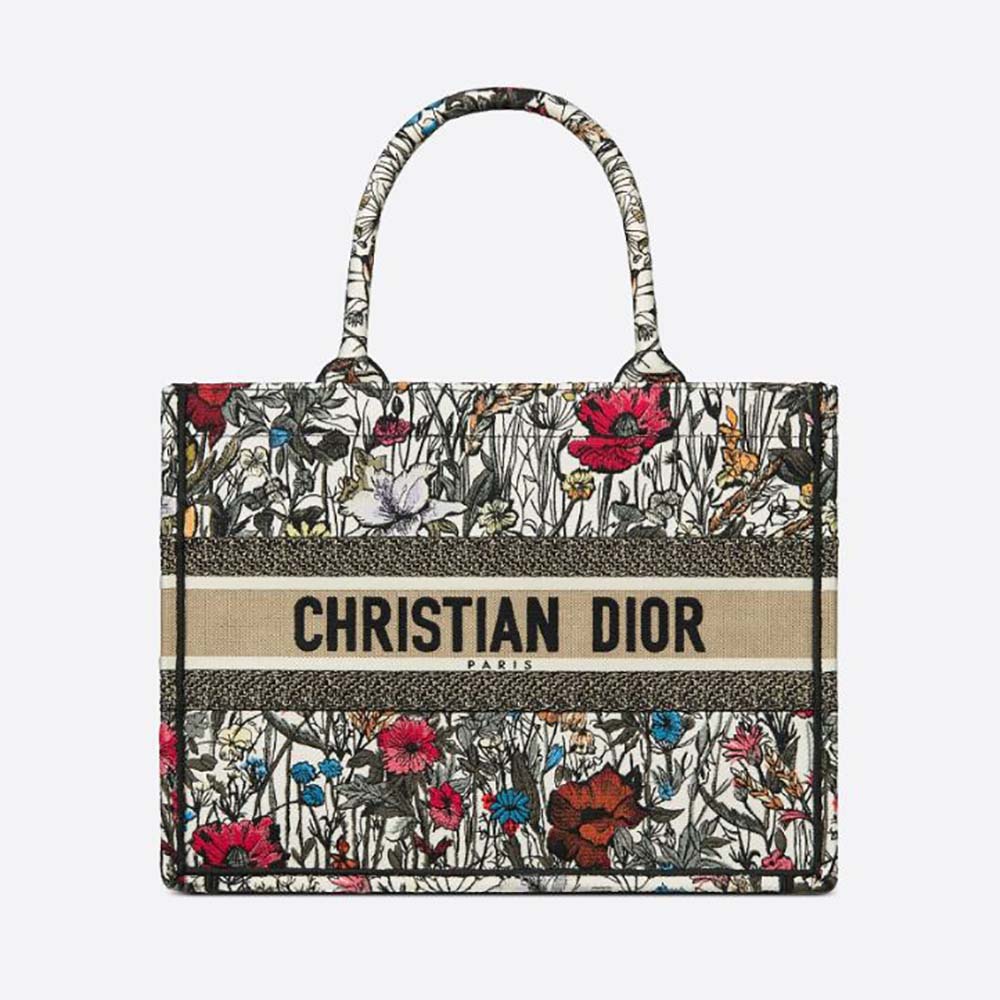 Front view of Dior Women Small Dior Book Tote Multicolor Mille Fleurs Embroidery