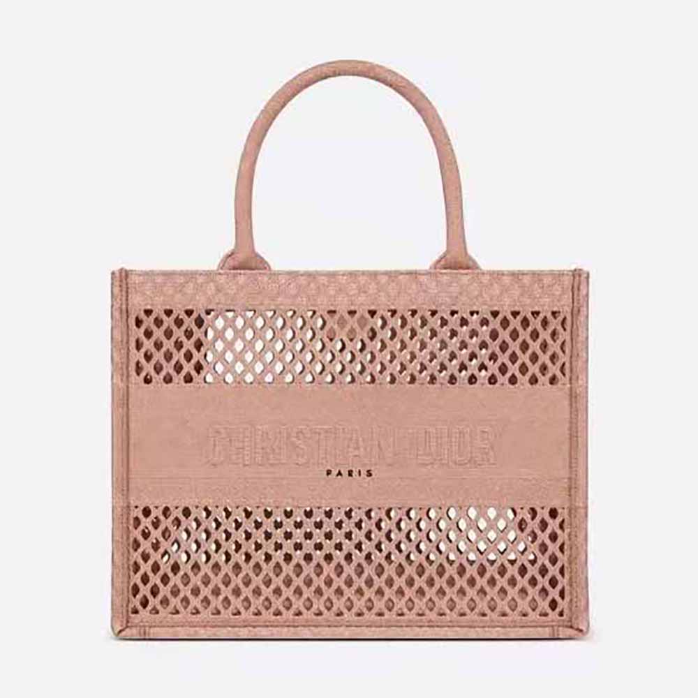 Front view of Dior Women Small Dior Book Tote Pink Mesh Embroidery