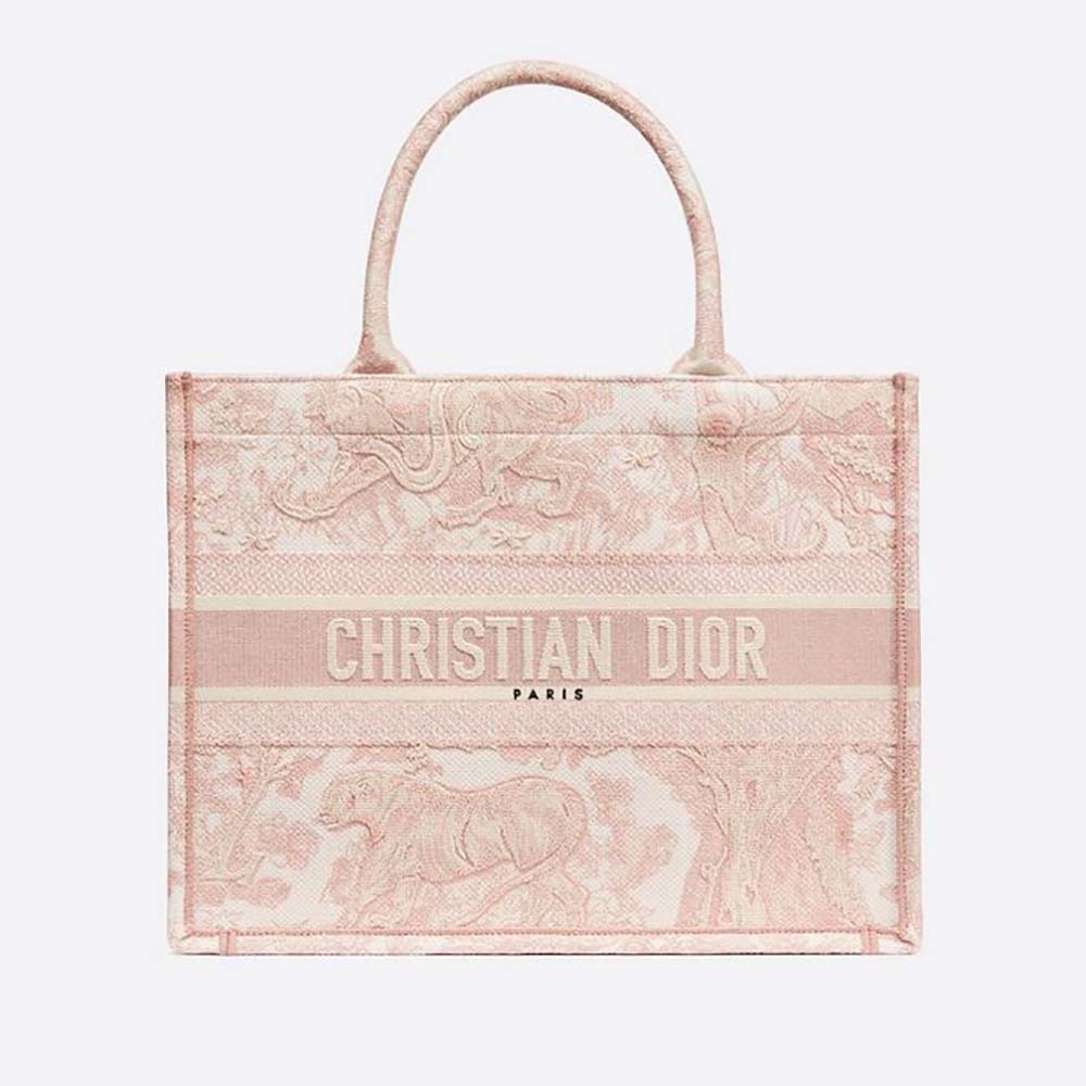 Front view of Dior Women Small Dior Book Tote Toile de Jouy Embroidery-Pink