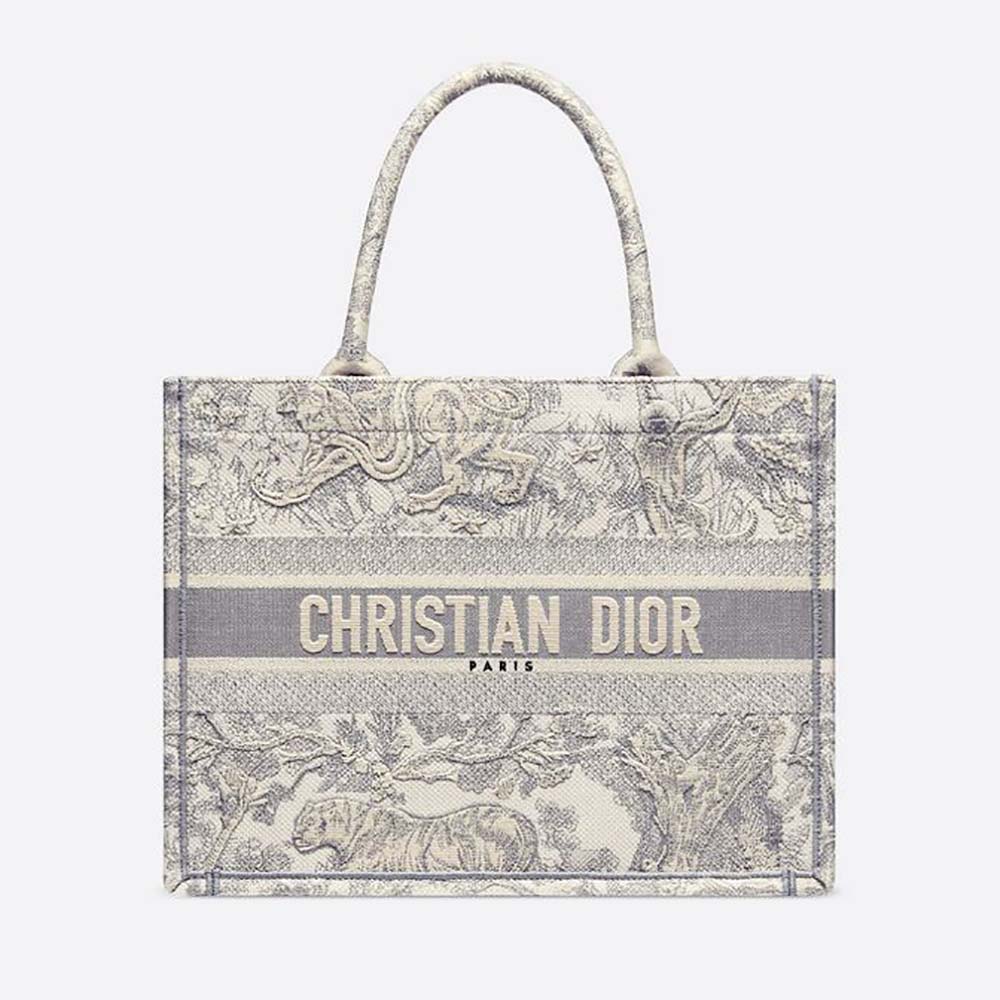 Front view of Dior Women Small Dior Book Tote Toile de Jouy Embroidery-Silver handbag