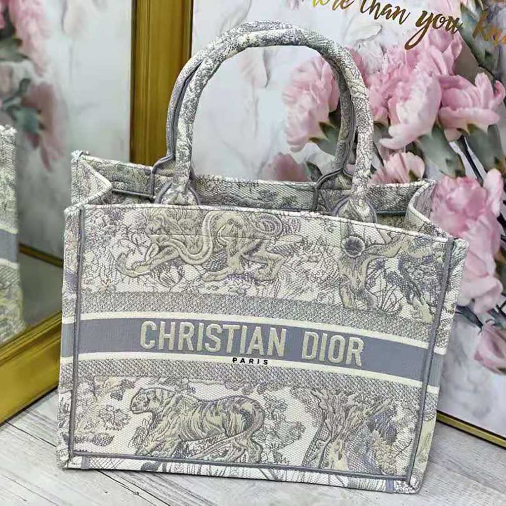 Close-up detail of silver Toile de Jouy embroidery on Dior Women Small Dior Book Tote