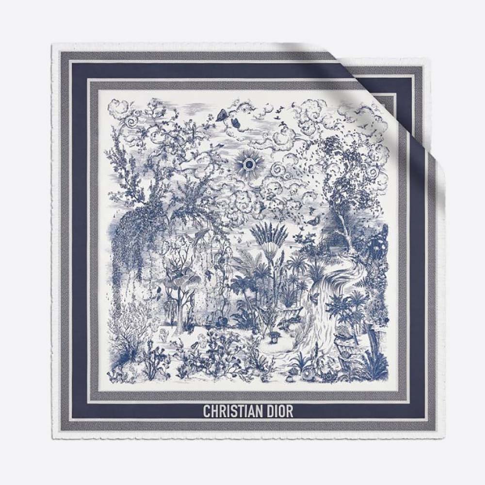 Front view of Dior Women Toile De Jouy Quatre Saisons Square Scarf Blue Silk Twill
