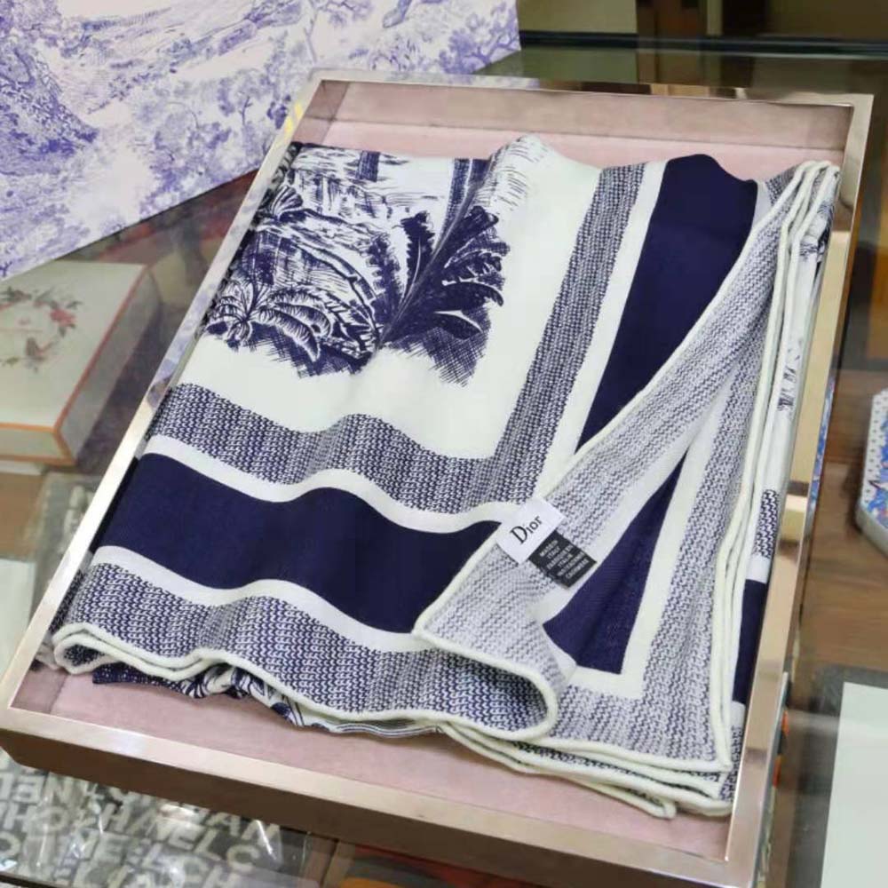 Close-up detail of silver Toile De Jouy print on Dior Women square scarf