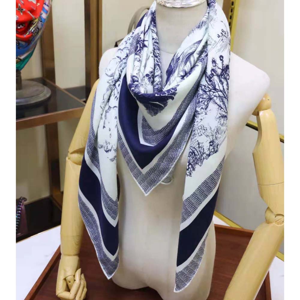 Dior Women Toile De Jouy Quatre Saisons Square Scarf Blue Silk Twill - image 7
