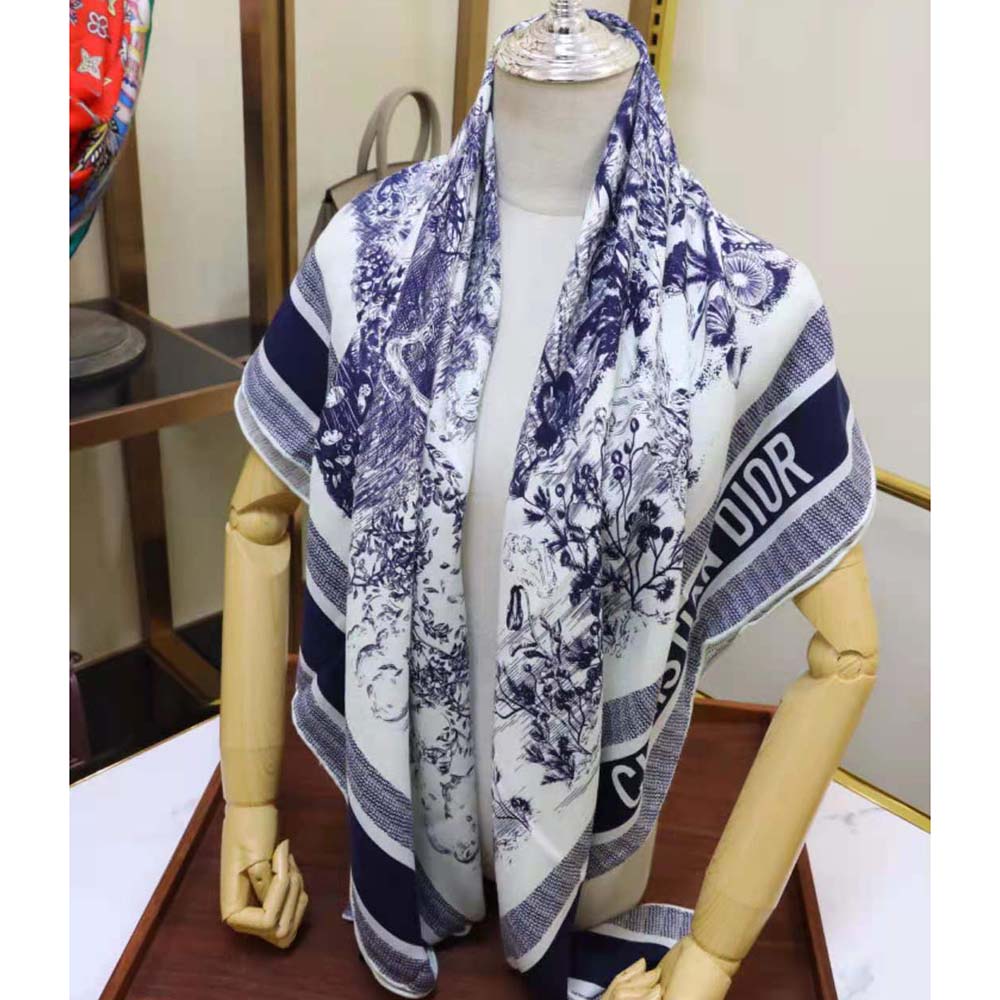 Dior Women Toile De Jouy Quatre Saisons Square Scarf Blue Silk Twill - image 8