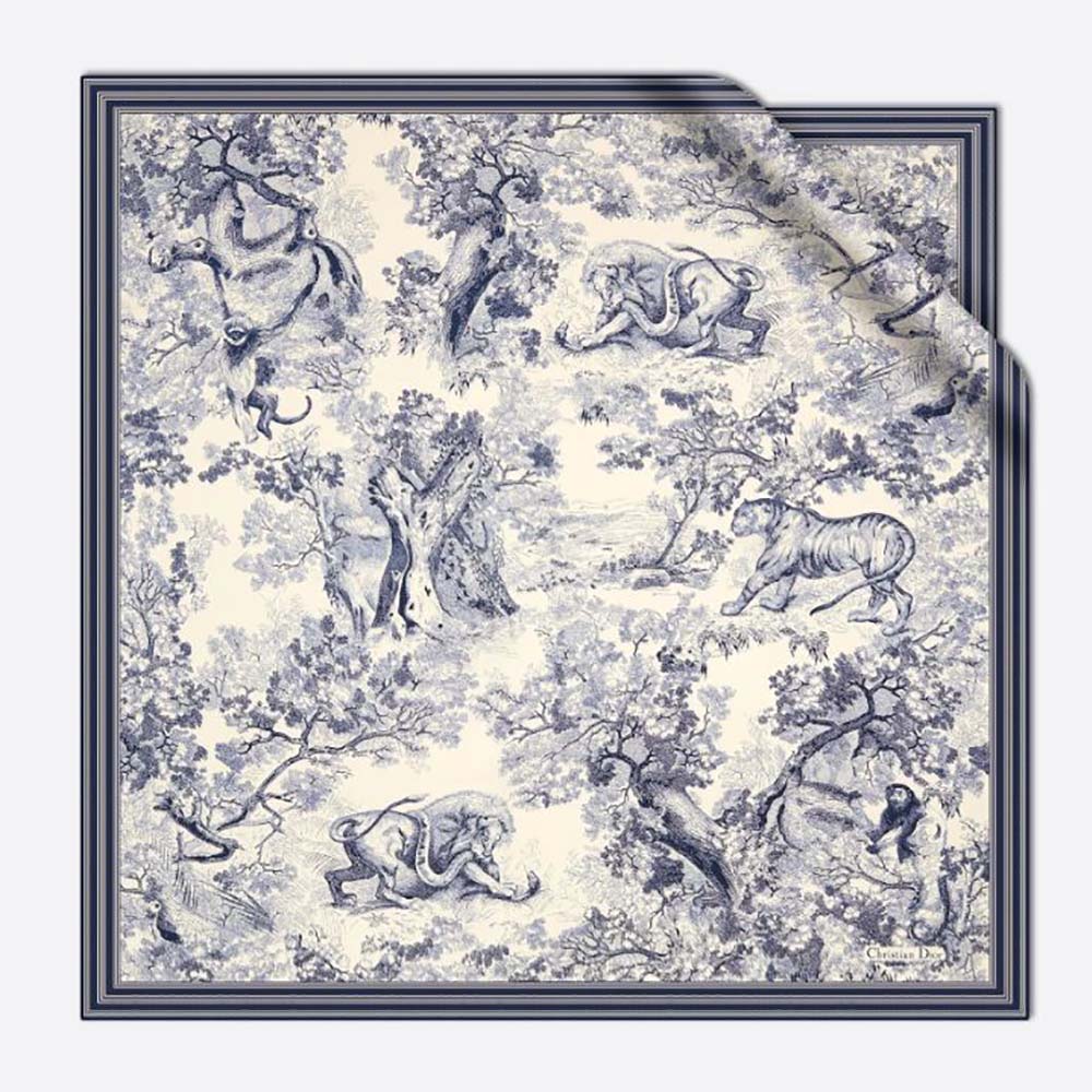 Front view of Dior Women Toile De Jouy Square Scarf Blue Silk Twill showing full print