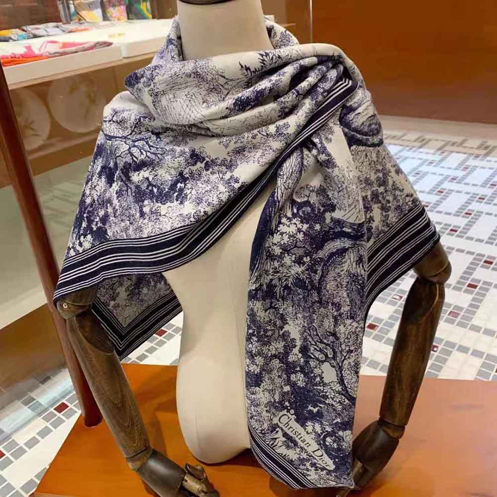 Close-up detail of navy Toile de Jouy pattern on Dior Women Toile De Jouy Square Scarf
