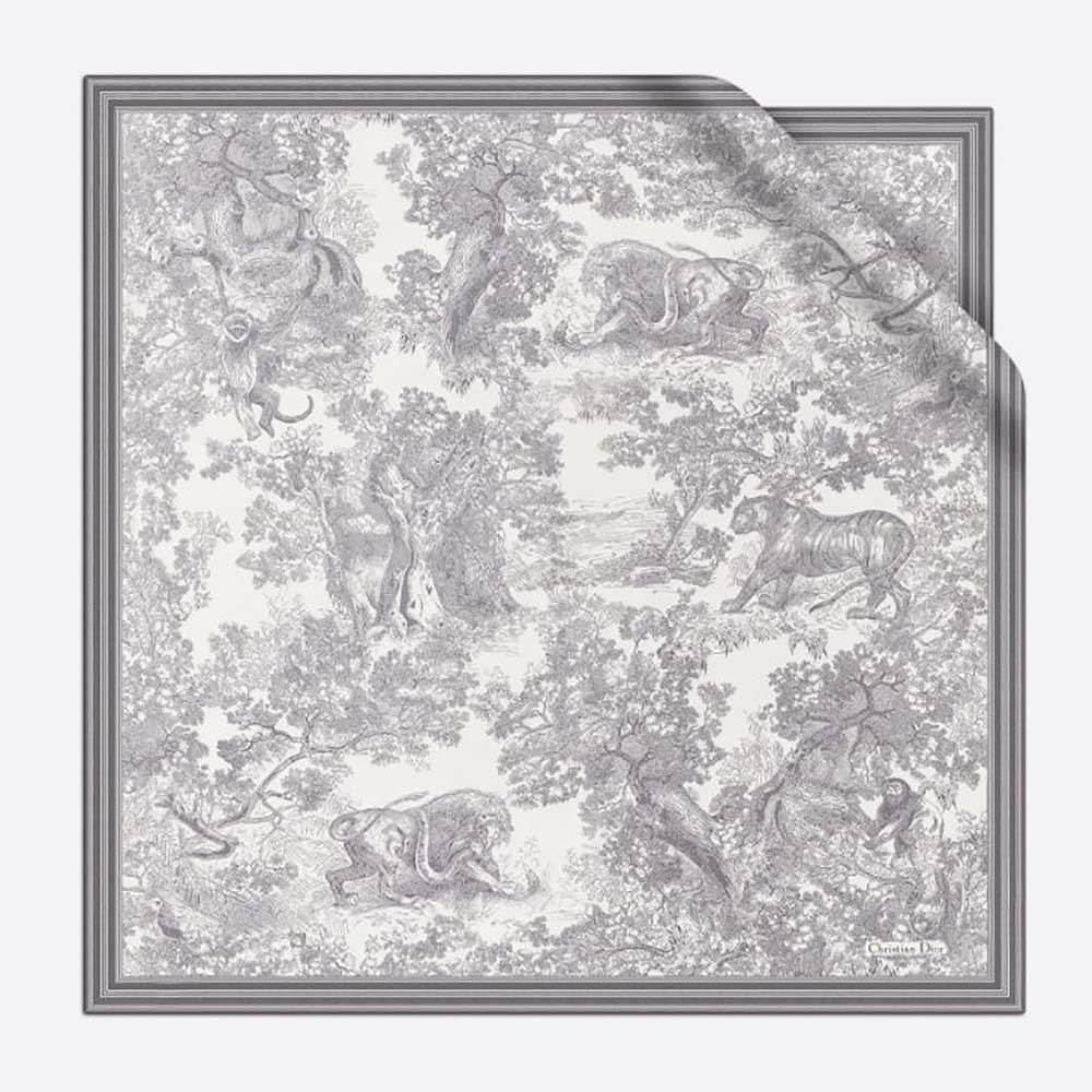 Front view of Dior Women Toile De Jouy Square Scarf Gray Silk Twill unfolded
